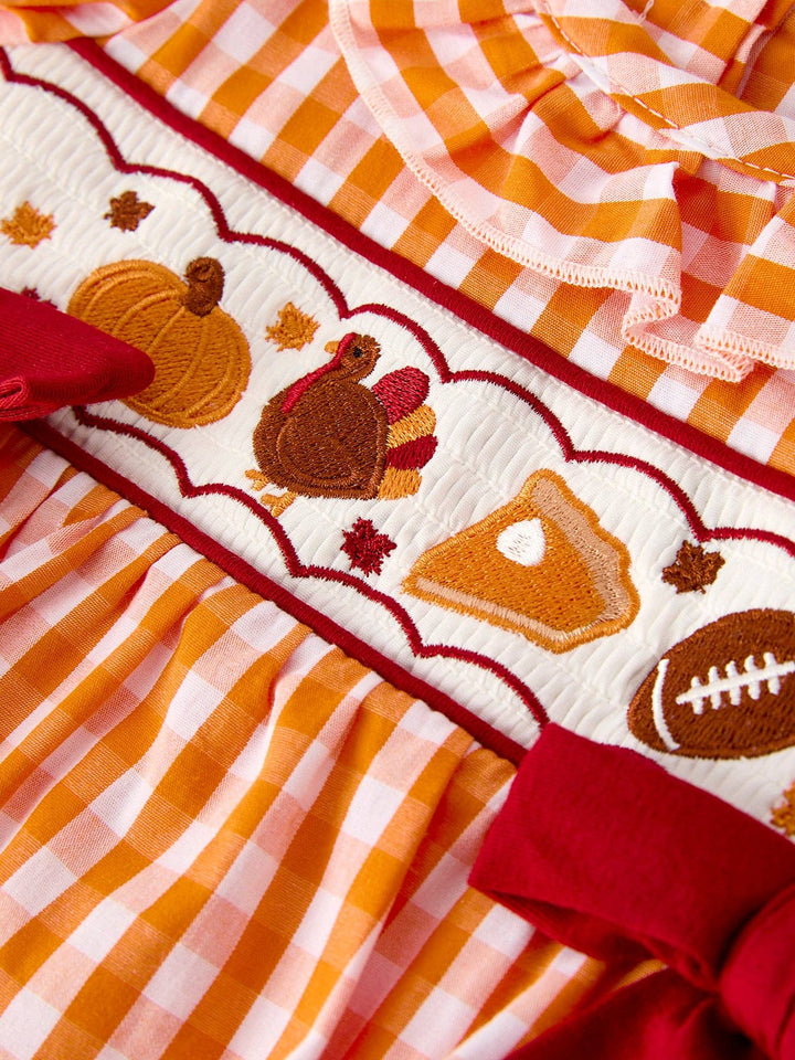 Rylee Faith Designs - Fall Embroidered Romper for Baby Girls – Orange Checkered with Halloween Details: 18M