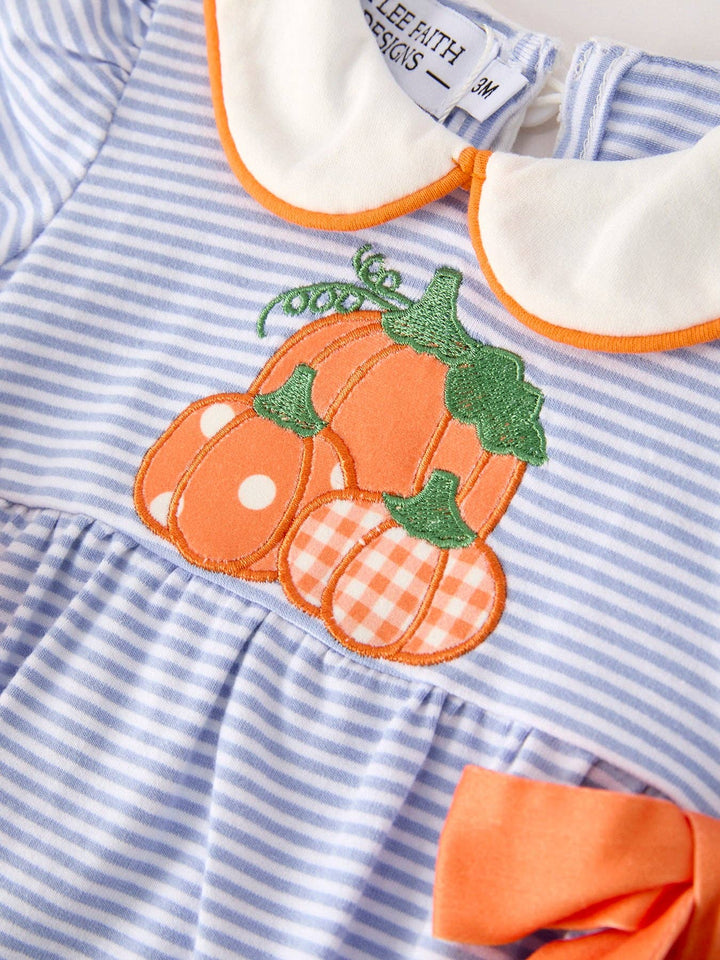 Rylee Faith Designs - Fall Thanksgiving and Halloween Lapel Stripe Pumpkin Applique Bow Girls Romper: 3M