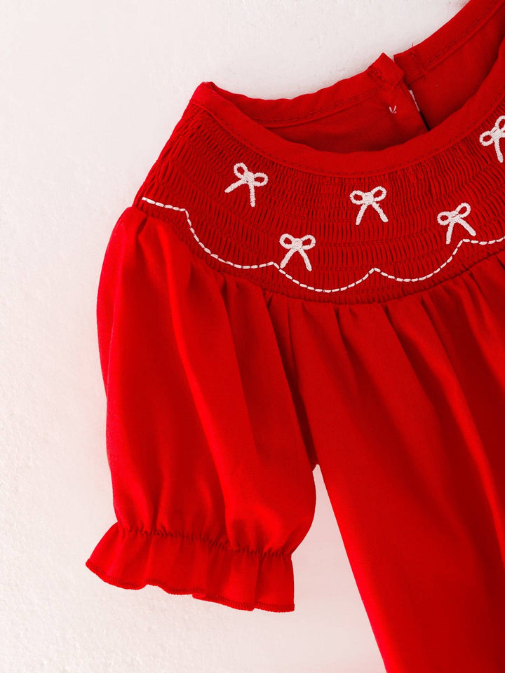 Bows Smocked Embroidered Red Romper
