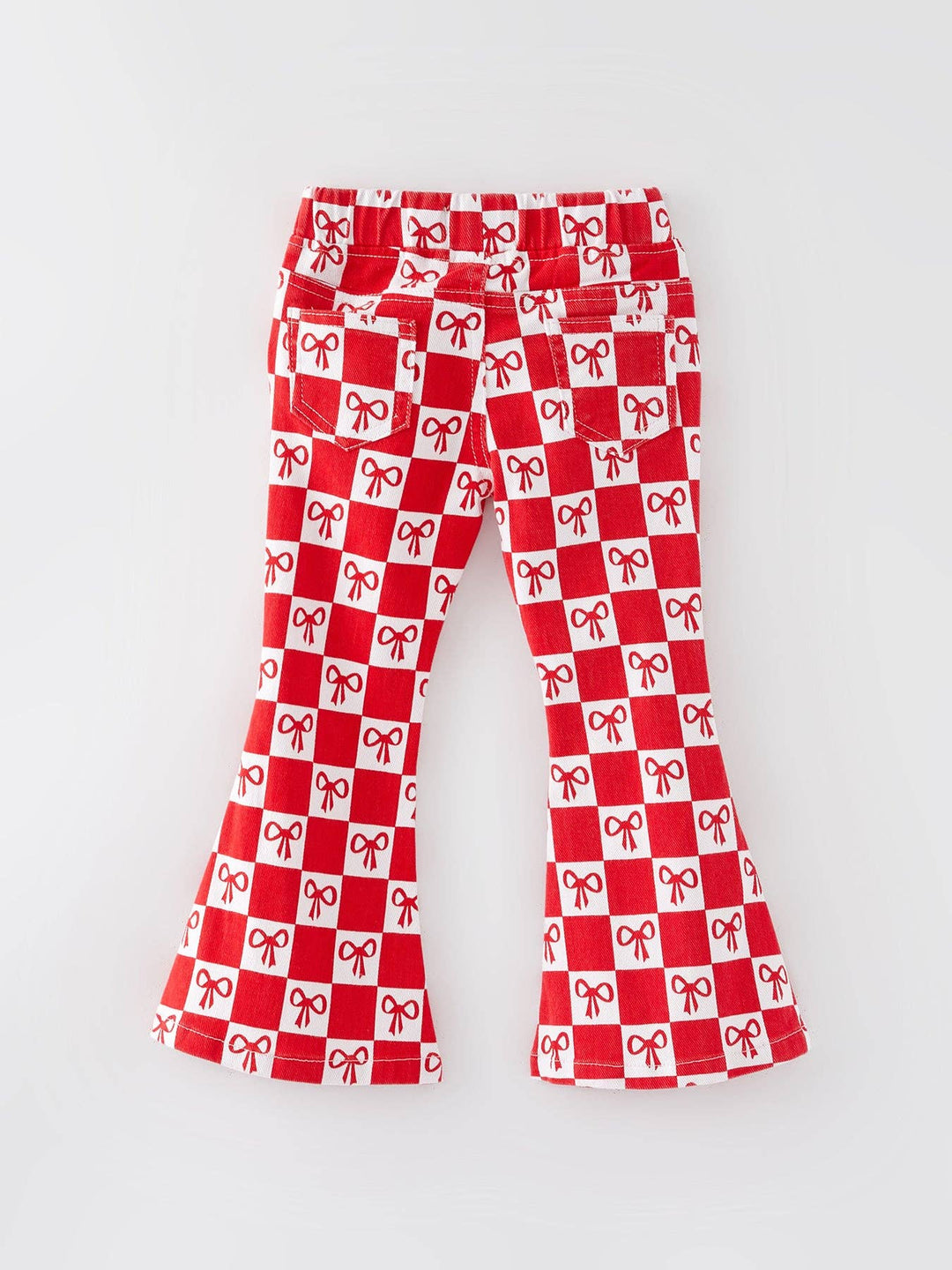 Rylee Faith Designs - Girls Red Bow Print Plaid Flared Jeans: 3