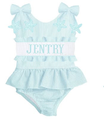 HAND SMOCKED AQUA STARFISH SEERSUCKER SWIM PO