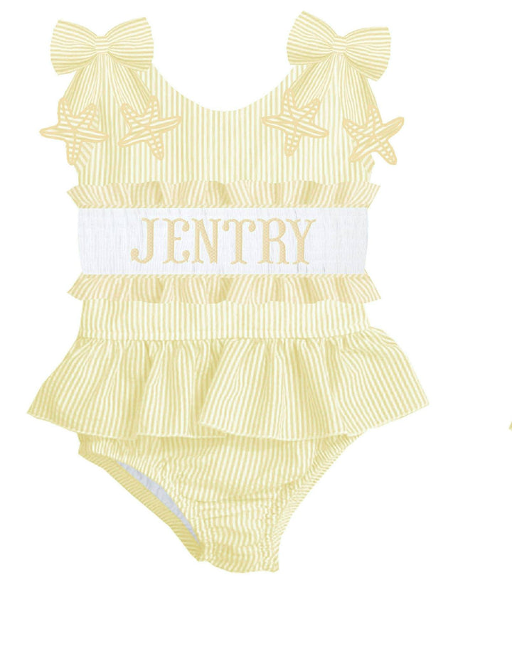 HAND SMOCKED YELLOW STARFISH SEERSUCKER SWIM PO