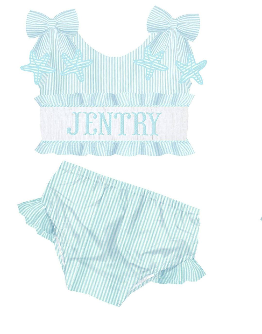 HAND SMOCKED AQUA STARFISH SEERSUCKER SWIM PO