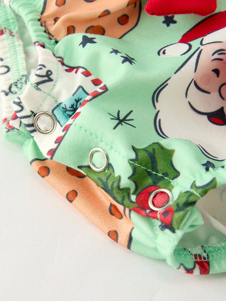 Rylee Faith Designs - Christmas Santa and Cookie Print Baby Girls Romper with Red Bow Detail: 3M
