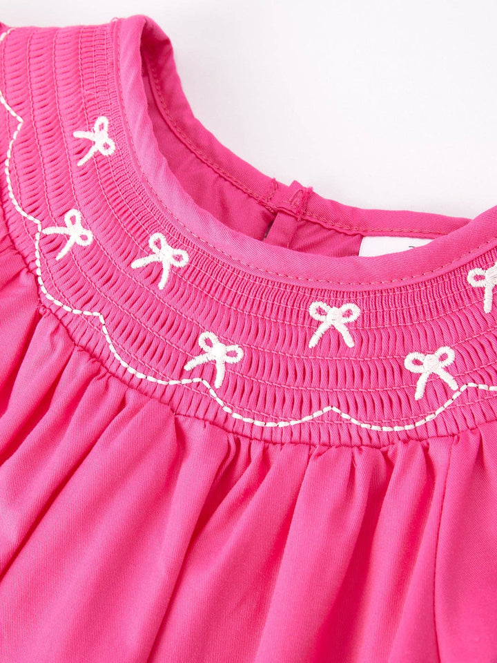 Bow Smocked Embroidered Hot Pink Dress