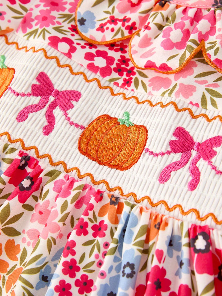 Rylee Faith Designs - Halloween Pumpkin Bow Smock Embroidered Floral Dress: 5