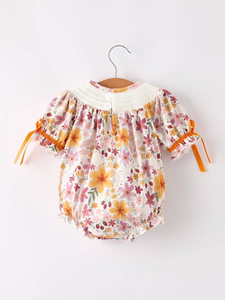 Rylee Faith Designs - Halloween & Thanksgiving Pumpkin Embroidery Smock Floral Baby Girl Romper: 12M