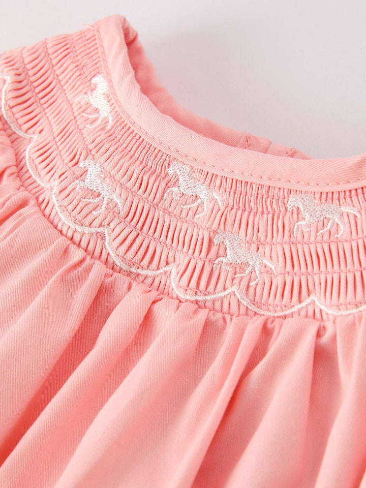 Rylee Faith Designs - Girls Horse Smocking Embroidered Coral Romper: 12M