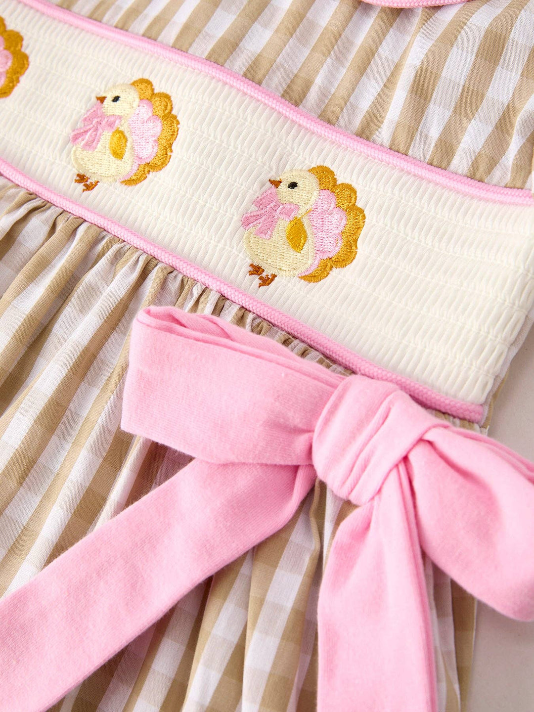 Rylee Faith Designs - Fall Thanksgiving Lapel Plaid Chick Embroidery Smocking Bow Baby Girls Dress: 2