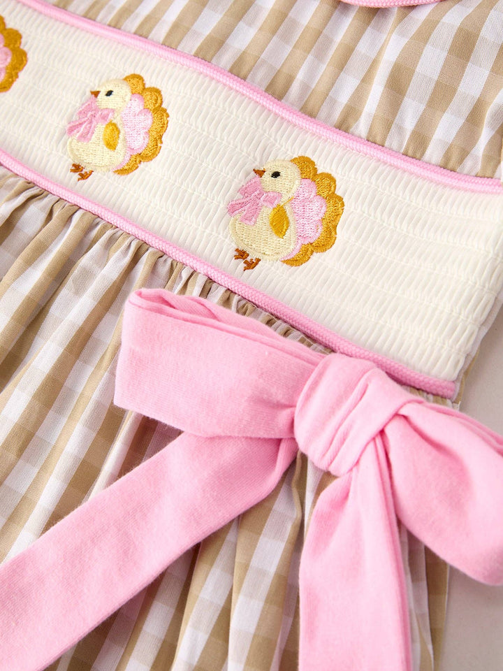 Rylee Faith Designs - Fall Thanksgiving Lapel Plaid Chick Embroidery Smocking Bow Baby Girls Dress: 2