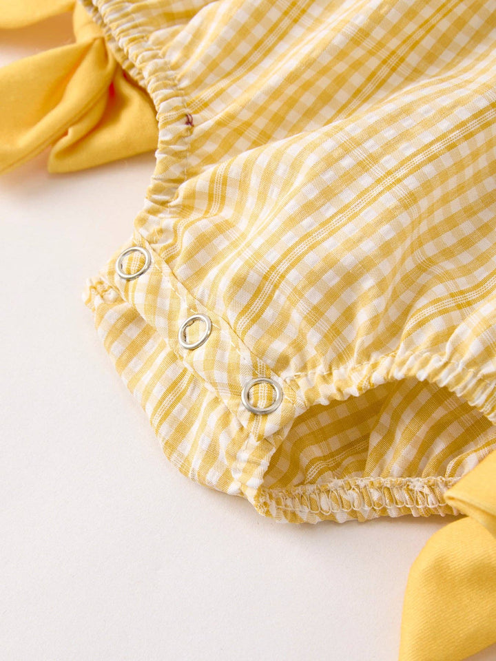 Rylee Faith Designs - Yellow Plaid Floral Smocking Embroidered Baby Girl Romper: 12M