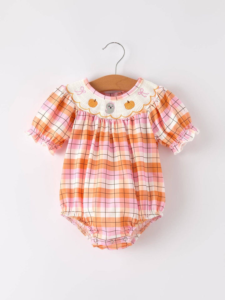 Pumpkin Bow Ghost Smocked Embroidered Plaid  Romper