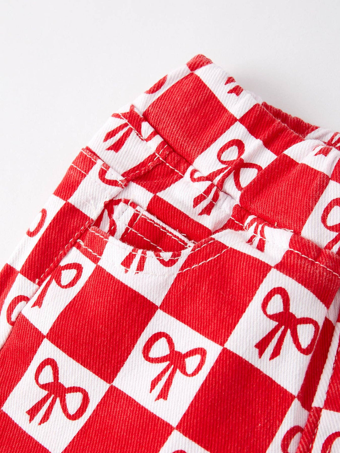 Rylee Faith Designs - Girls Red Bow Print Plaid Flared Jeans: 3