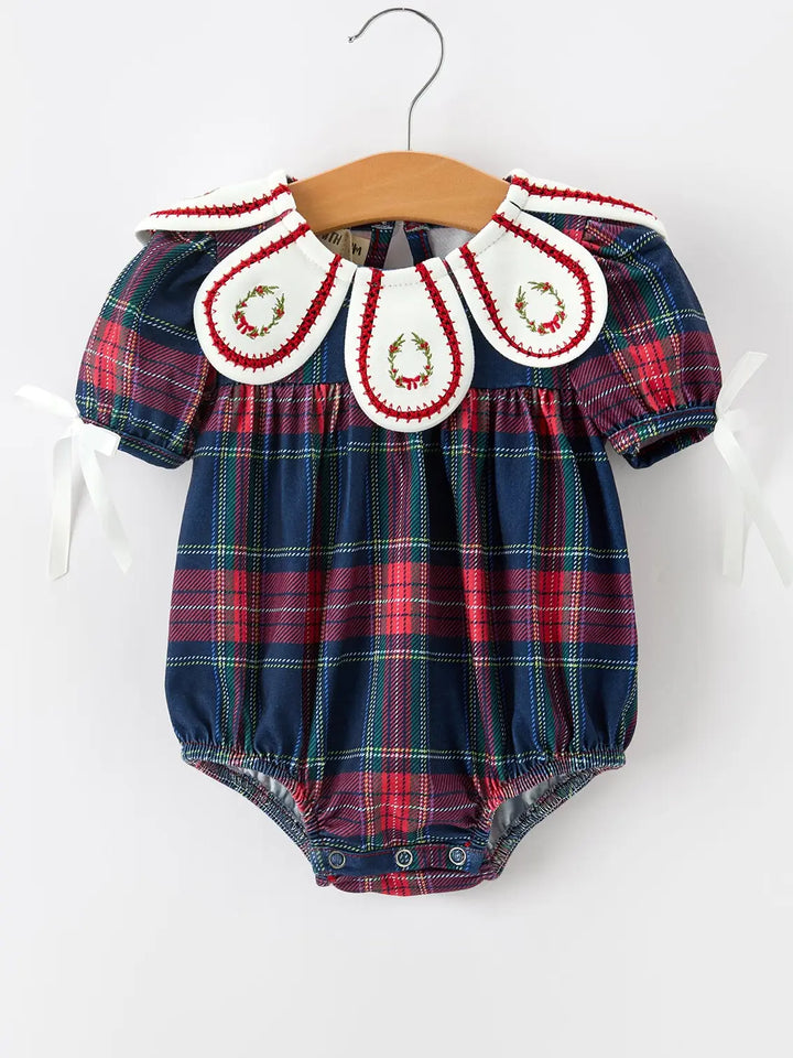 Navy Red Christmas Plaid Wreath Baby Girl Bubble Romper- ETA November