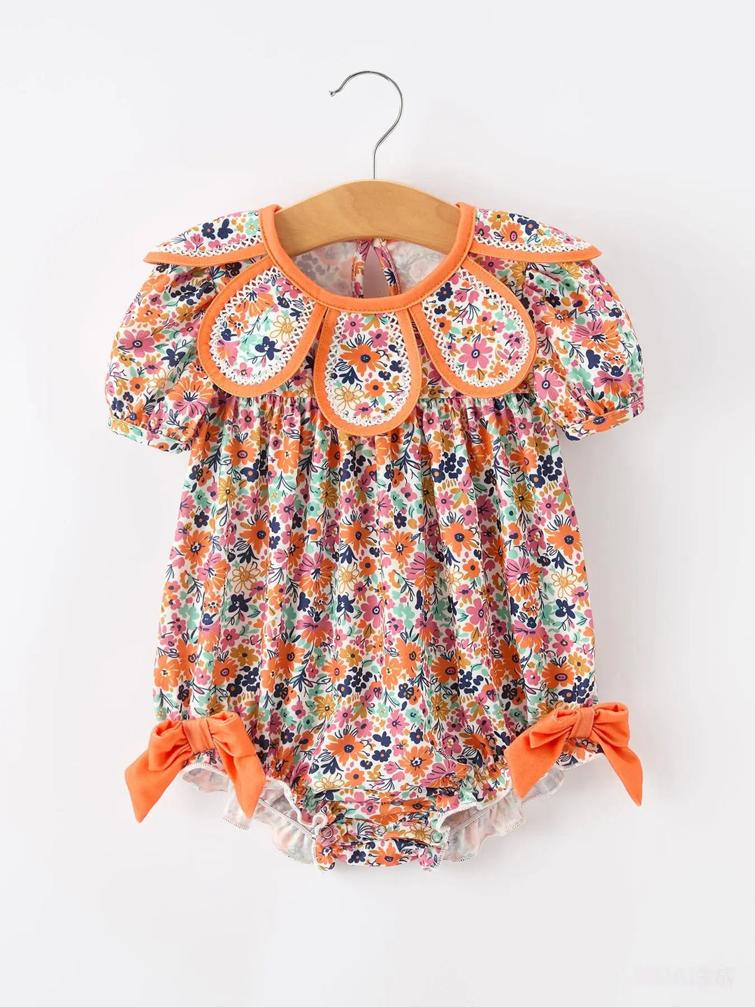 Orange Floral Bow Petals Collar Girls Romper- ETA August