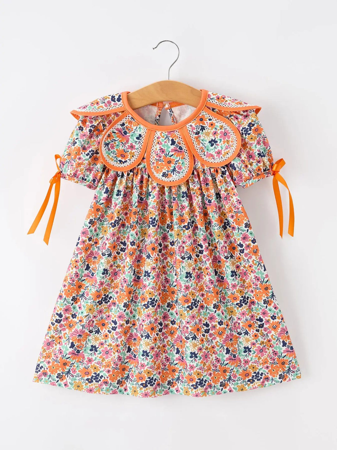 Orange Floral Bow Petals Collar Girls Dress- ETA August