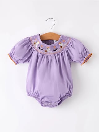 Purple Halloween Smock Embroidery Baby Girl Bubble