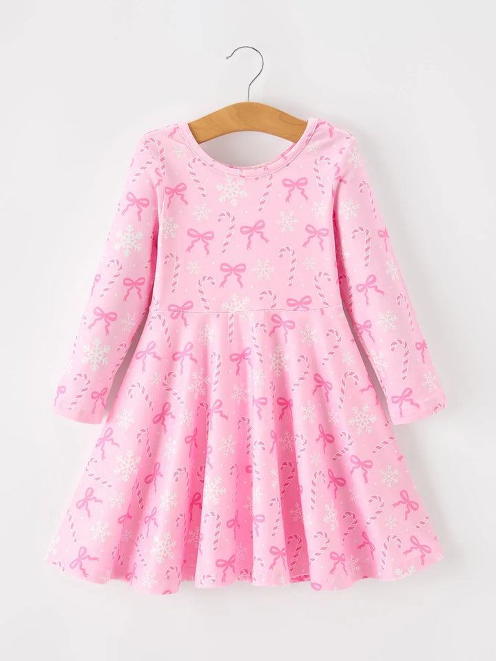 Pink Christmas Candy Cane Print Twirl Girls Dress- ETA November