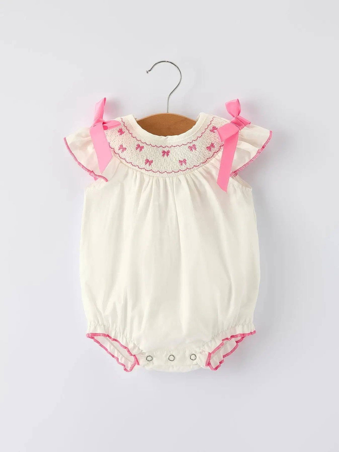 Hot Pink Bow Smocked Embroidered White Bubble