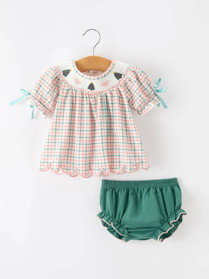 Girls Christmas Plaid Smocked Bloomers Set with Tree Embroidery- ETA SEPT.