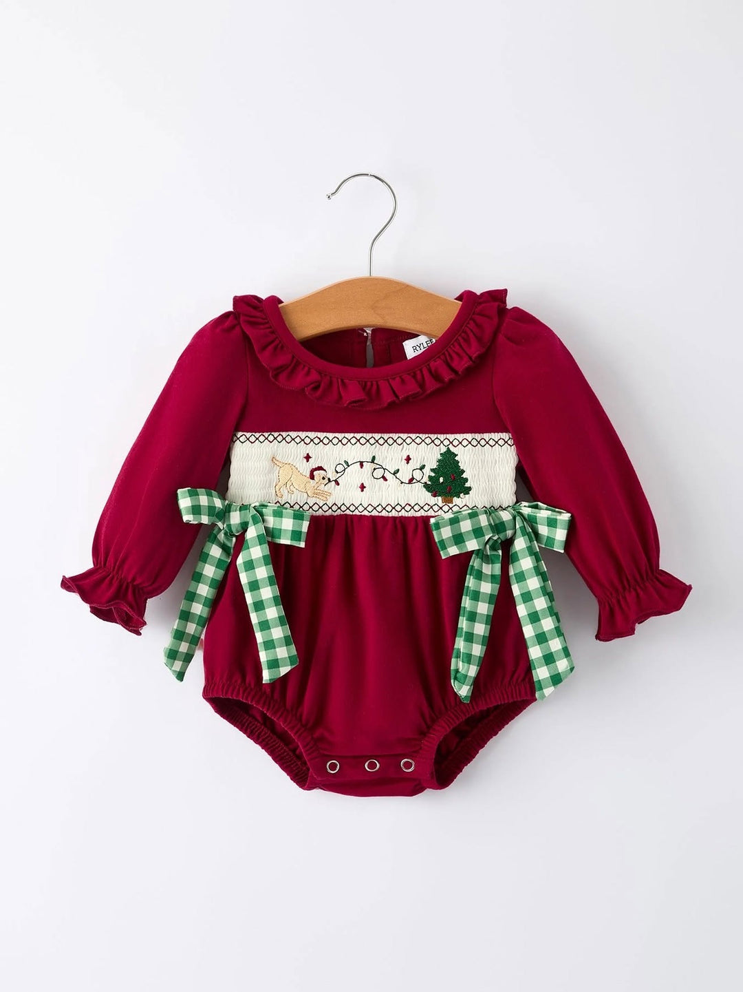 Christmas Embroidered Baby Girls Romper Gingham Bows- ETA SEPT.