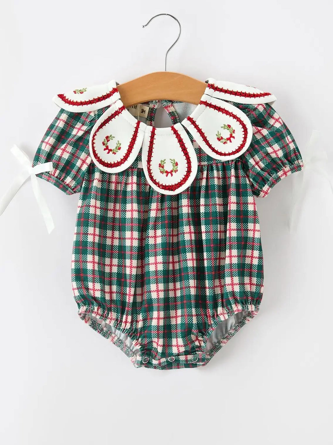 Baby Girl Christmas Plaid Wreath Embroidery Bubble Romper- ETA SEPT.