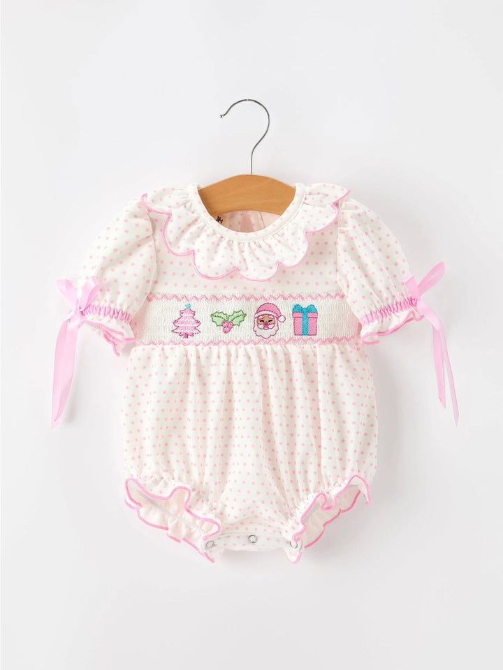 Christmas Smocked Baby Girl Bubble Romper Embroidered Ruffle Collar- ETA Sept.