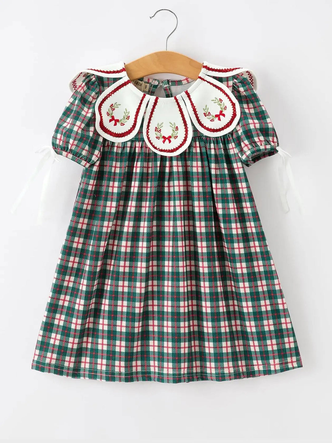 Baby Girl Christmas Plaid Embroidered Dress Wreath Collar- ETA SEPT.