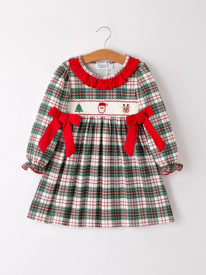 Christmas Embroidery Smocking Bow Plaid Girls Dress- ETA SEPT.