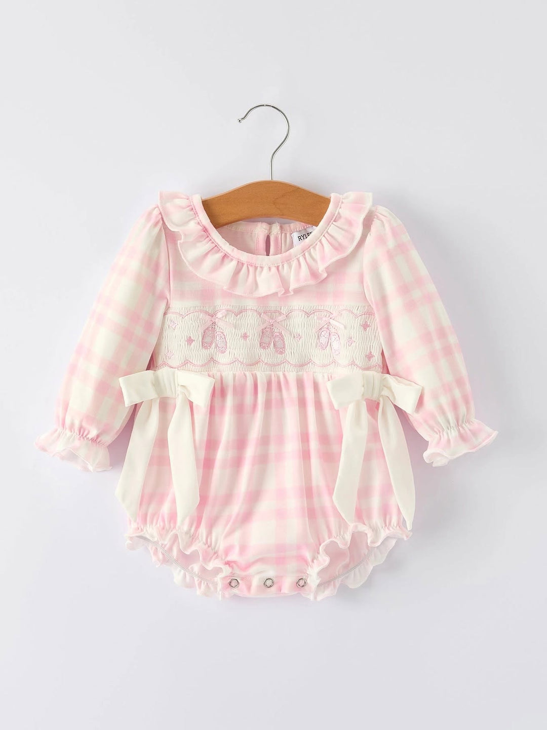 Pink Plaid Ruffle Ballet Shoe Embroidery Long Sleeve Romper- ETA SEPT.
