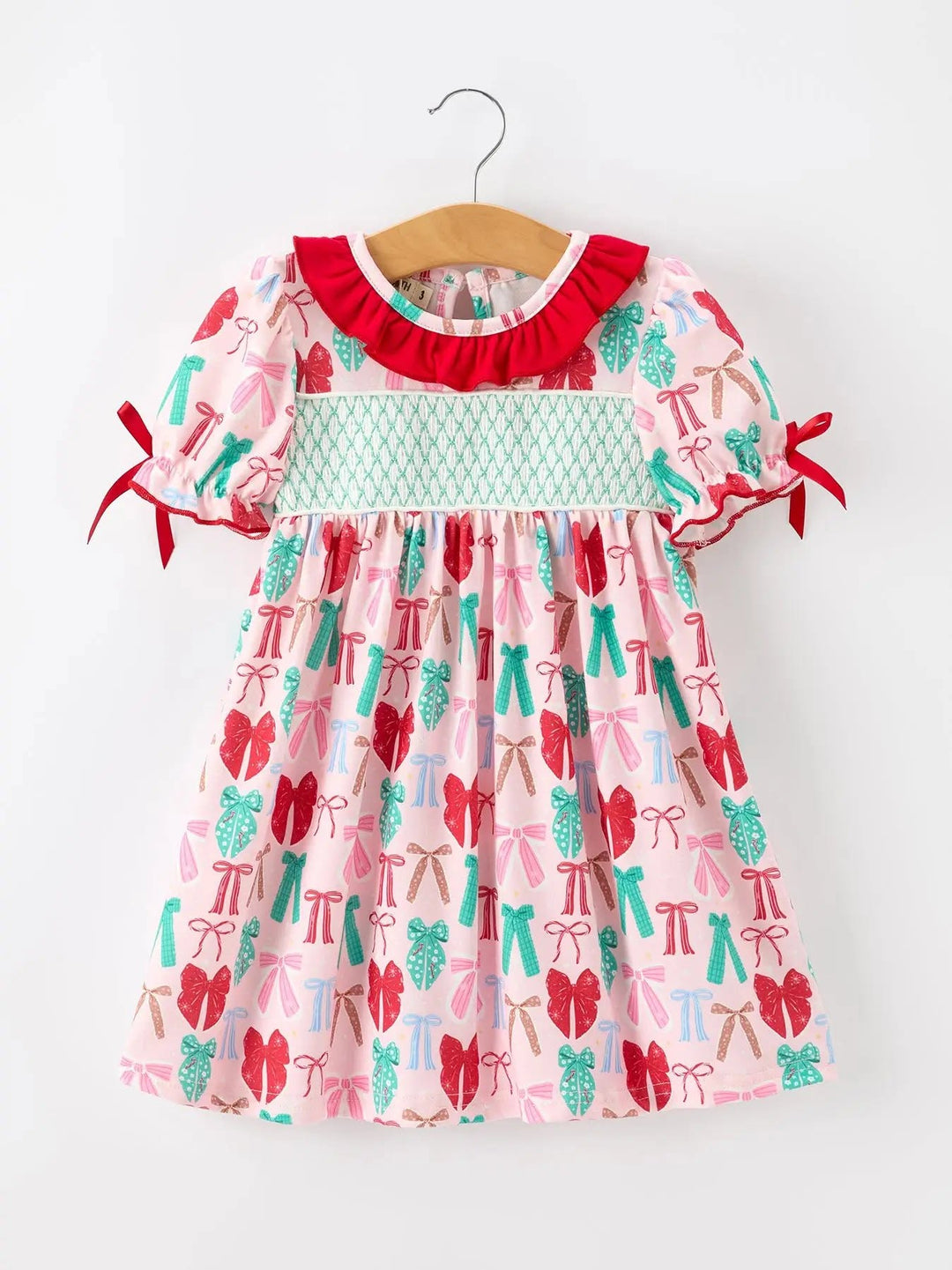 Girl Christmas Smocked Dress Red Green Bow Holiday Party Dress- ETA SEPT.