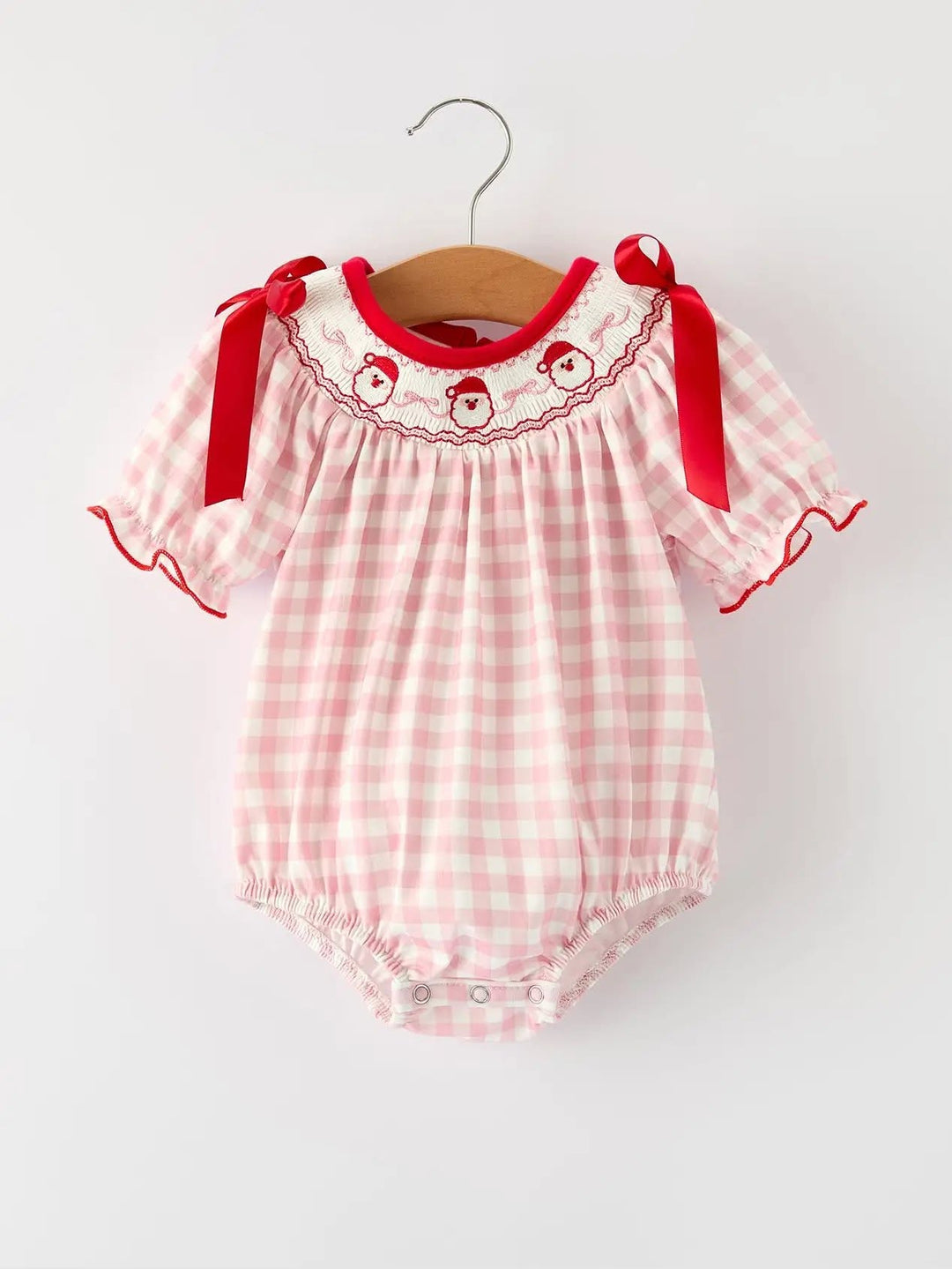 Pink Gingham Christmas Baby Girls Romper: Santa Embroidery with Red Satin Ribbon- ETA Sept.
