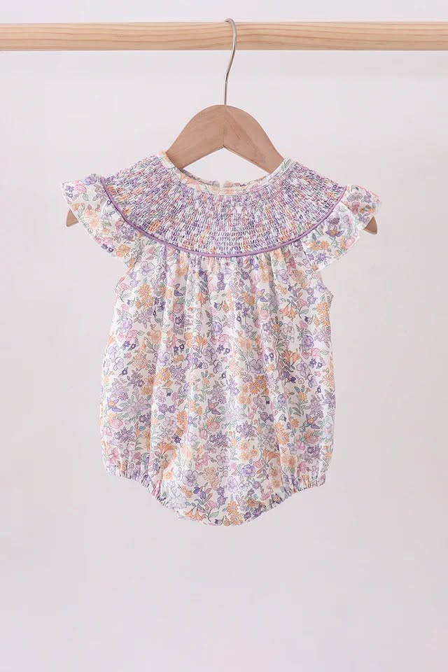Purple Floral Smocked Ruffle Bubble