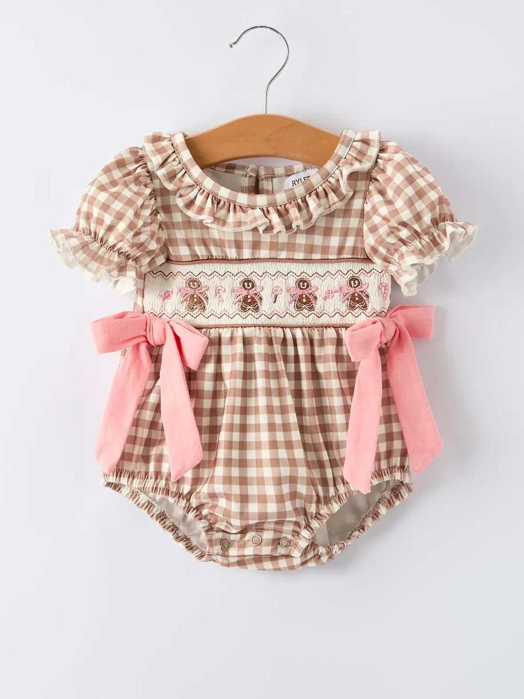 Christmas Vintage-Style Plaid Embroidered Gingerbread and Bows Girls Romper- ETA SEPT.