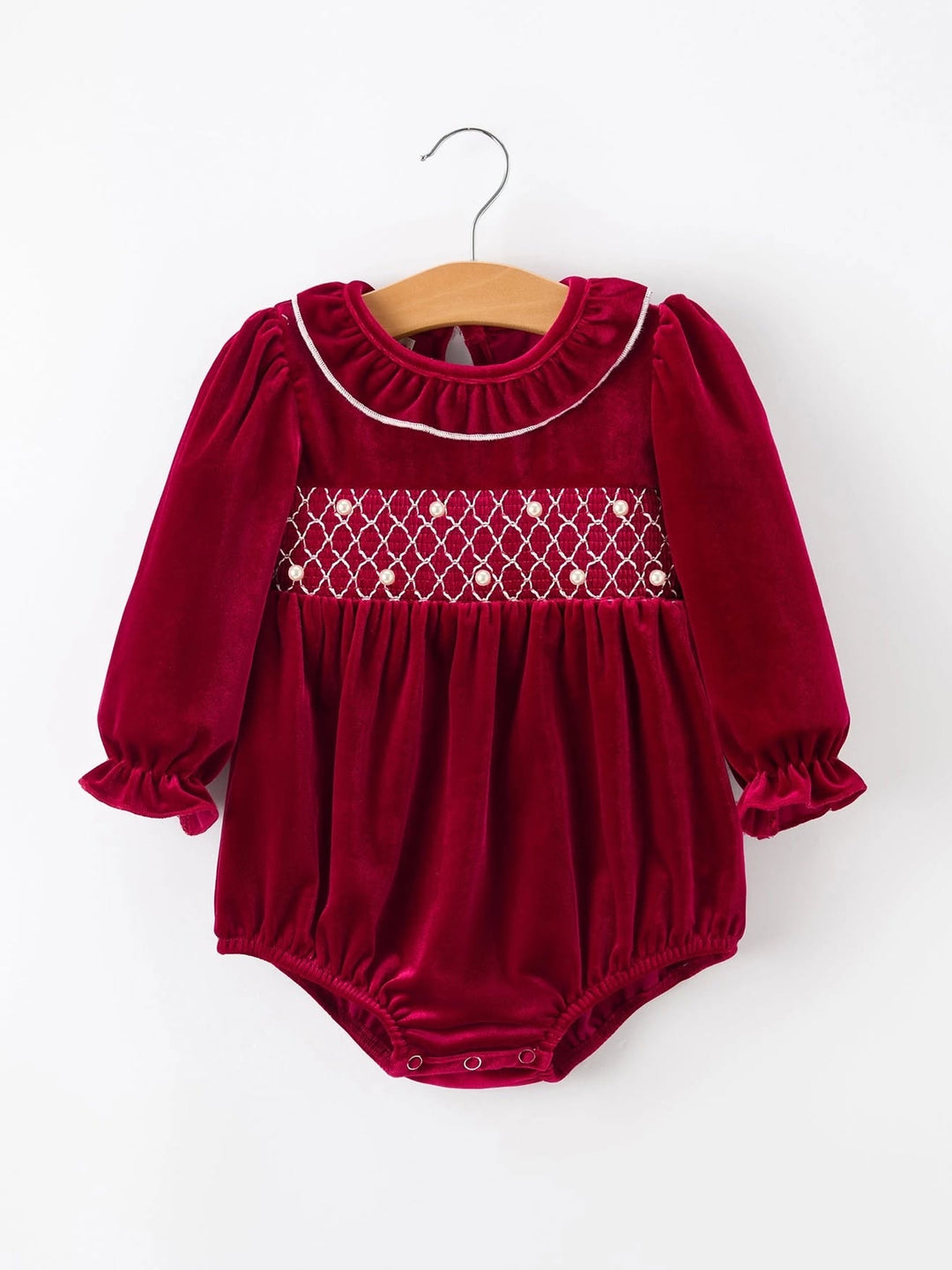 Christmas Velvet Smocked Baby Bubble Romper with Pearl Detail- ETA OCT.