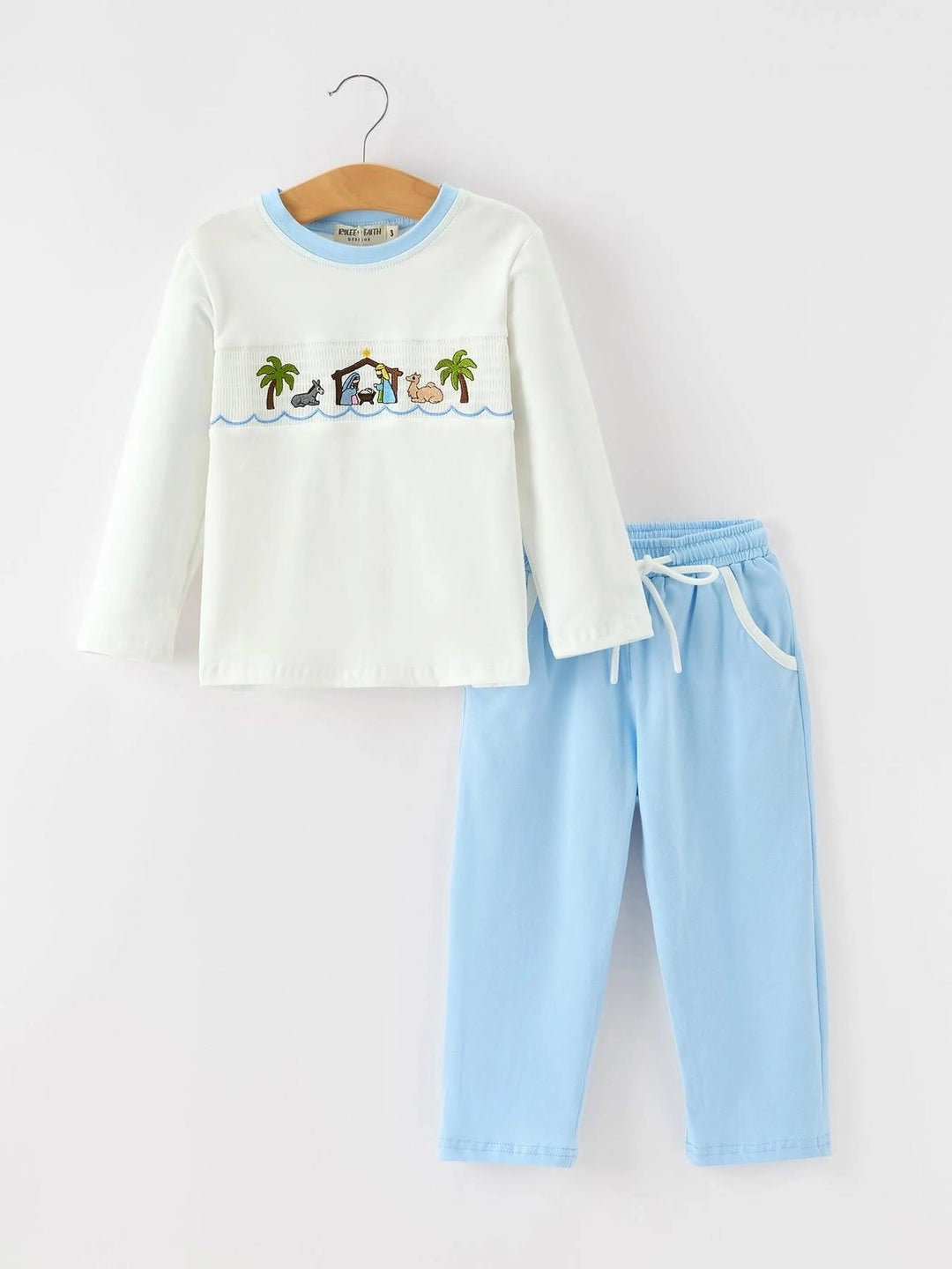 Christmas Nativity Embroidered Boys Long Sleeve Top and Pants Set- ETA November