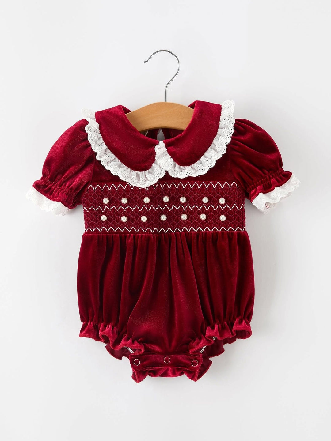 Christmas Burgundy Velvet Baby Girl Smocked Pearl Romper- ETA November