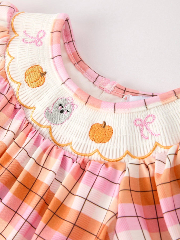 Pumpkin Bow Ghost Smocked Embroidered Plaid  Romper