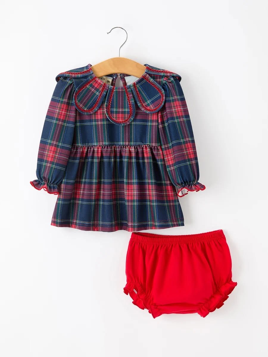 Plaid Girl Set Petal Collar Puff Sleeve Bloomer- ETA Nov.