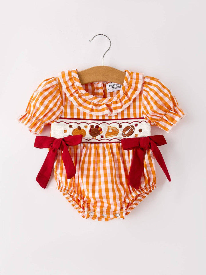 Rylee Faith Designs - Fall Embroidered Romper for Baby Girls – Orange Checkered with Halloween Details: 18M