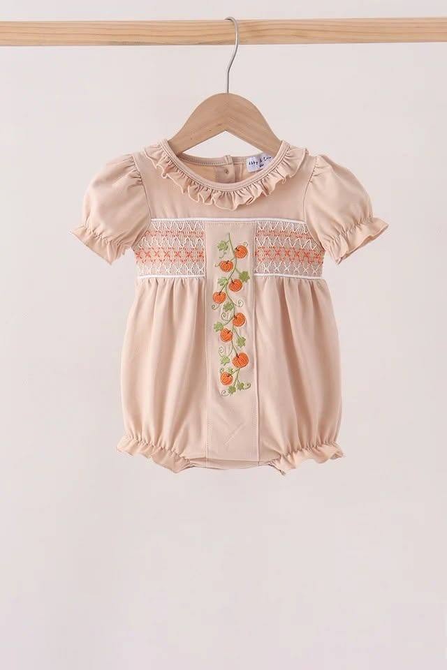 Khaki Pumpkin Smocked Ruffle Bubble- ETA End of Sept.