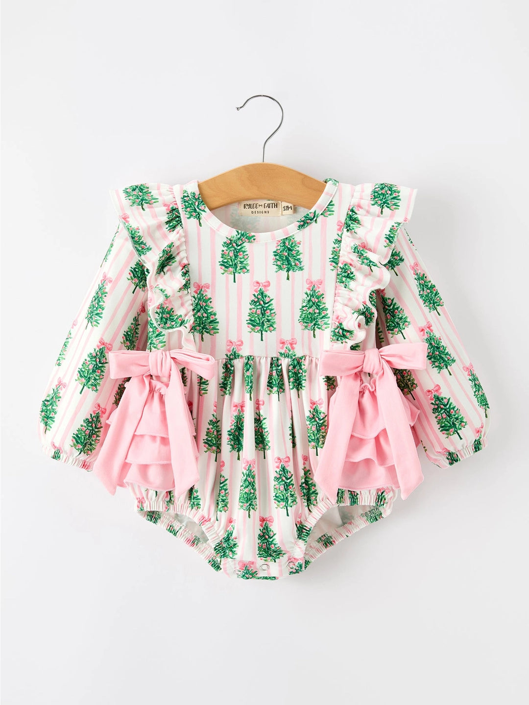 Christmas Tree Print Ruffle Bow Baby Girl Bubble Romper- ETA SEPT