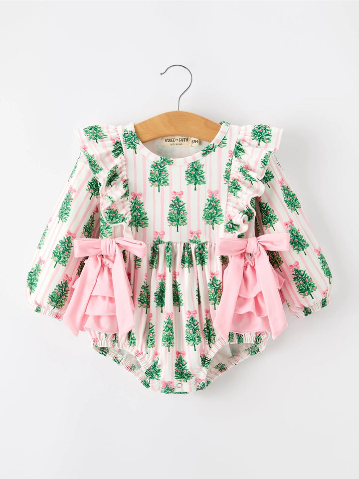 Christmas Tree Print Ruffle Bow Baby Girl Bubble Romper- ETA November