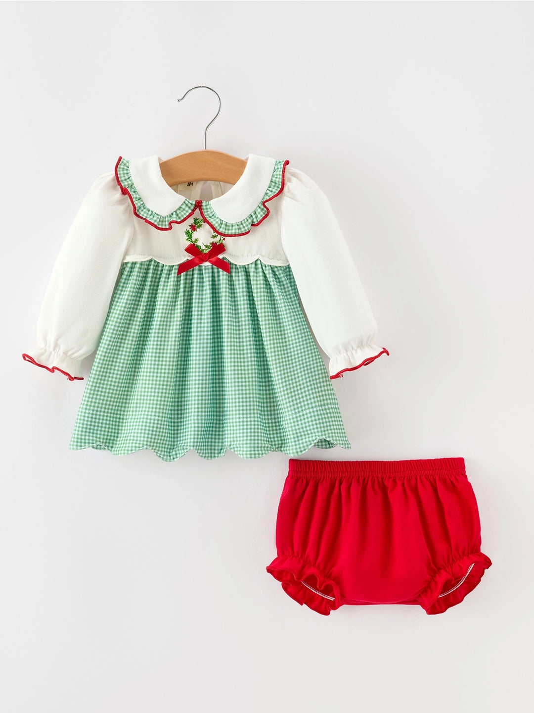 Baby Girls Christmas Green Plaid Embroidered Top & Bloomer Set- ETA Nov.