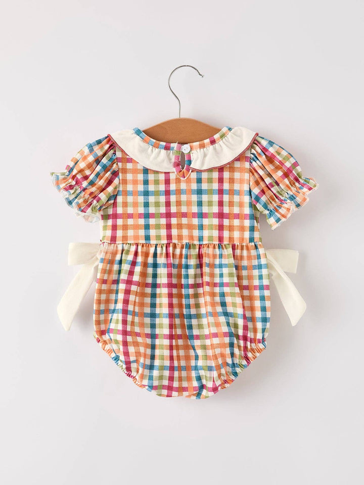 Rylee Faith Designs - Fall Thanksgiving Color Plaid Chick Embroidery Smocking Baby Girls Romper: 18M