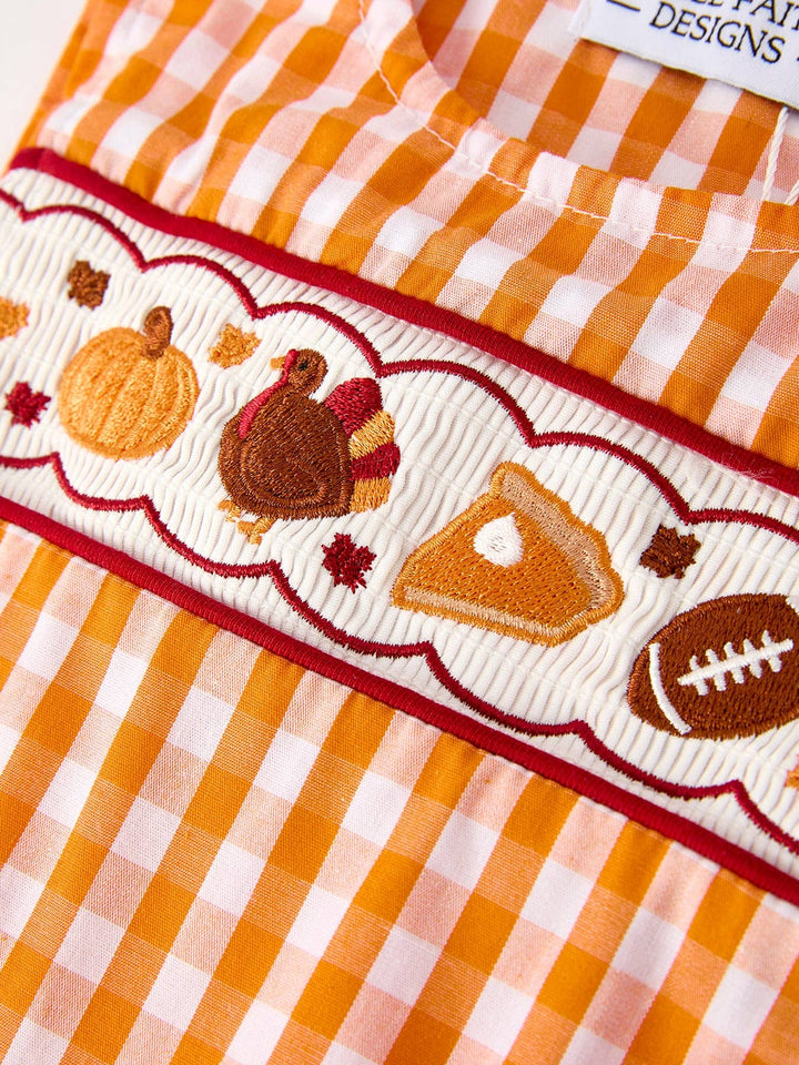 Rylee Faith Designs - Fall Embroidered Romper for Baby Boys – Orange Checkered with Halloween Details: 3M