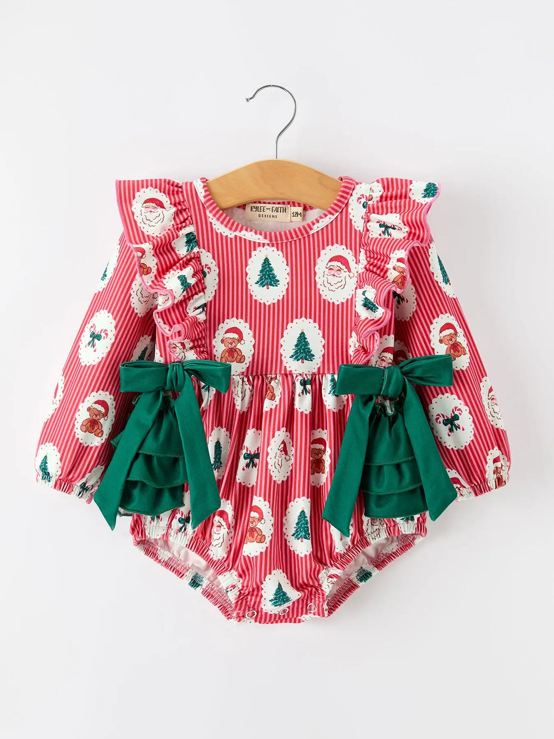 Christmas Santa Print Ruffle Baby Girl Bubble Romper with Bows- ETA November