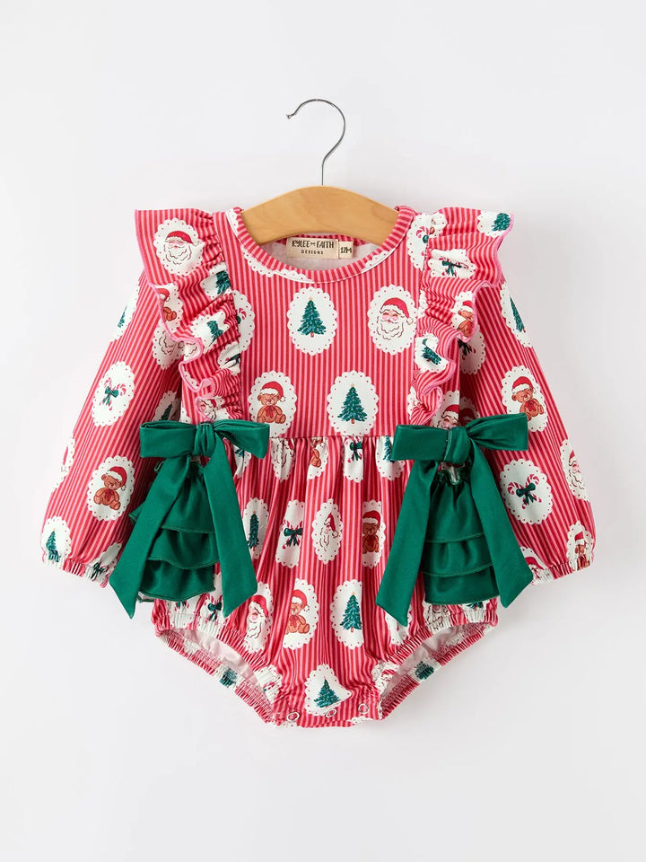 Christmas Santa Print Ruffle Baby Girl Bubble Romper with Bows- ETA November