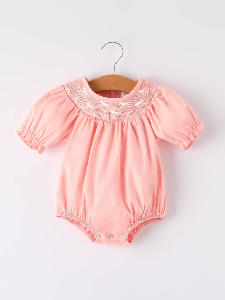Rylee Faith Designs - Girls Horse Smocking Embroidered Coral Romper: 12M