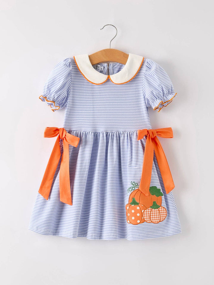 Rylee Faith Designs - Fall Thanksgiving and Halloween Lapel Stripe Pumpkin Applique Bow Girls Dress: 5